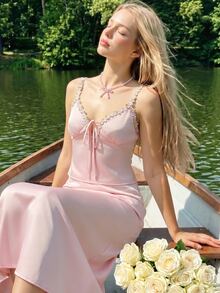 SHEIN ICON Elegant Cute Embroidered Decorative Vest Fitted Skirt 2 Pieces Set For Women Vacation Light Pink Summer - Pink - View 7