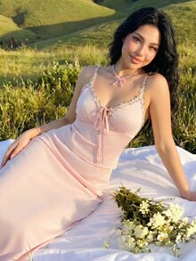 SHEIN ICON Elegant Cute Embroidered Decorative Vest Fitted Skirt 2 Pieces Set For Women Vacation Light Pink Summer - Pink - View 4