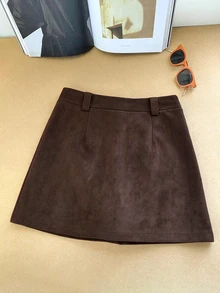 LUMIGAL Women's Faux Suede High Waist A-Line Mini Skirt With No Belt, Vintage Solid Color Slim Fit Short Ski - Brown - View 2