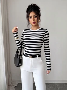 Selianne Spring/Autumn Casual French Wide Ribbed Ribbed Contrast Color Crew Neck Long Sleeve Slim Fit Women's T-Shirt Black And White Ribbed Office - Black and White - View 4