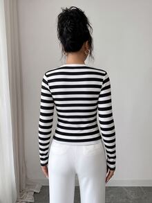 Selianne Spring/Autumn Casual French Wide Ribbed Ribbed Contrast Color Crew Neck Long Sleeve Slim Fit Women's T-Shirt Black And White Ribbed Office - Black and White - View 2