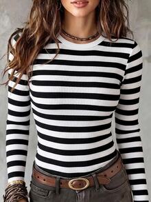 Selianne Spring/Autumn Casual French Wide Ribbed Ribbed Contrast Color Crew Neck Long Sleeve Slim Fit Women's T-Shirt Black And White Ribbed Office - Black and White - View 1