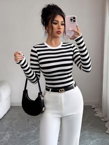 Selianne Spring/Autumn Casual French Wide Ribbed Ribbed Contrast Color Crew Neck Long Sleeve Slim Fit Women's T-Shirt Black And White Ribbed Office - Black and White - View 3