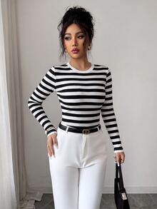 Selianne Spring/Autumn Casual French Wide Ribbed Ribbed Contrast Color Crew Neck Long Sleeve Slim Fit Women's T-Shirt Black And White Ribbed Office - Black and White - View 6