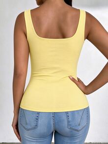 Elenzga Plus-Size Women's Square Neck Sleeveless Tank Top, Spring/Summer, Vacation, Basic White Tank Top For Going Out. - Yellow - View 2