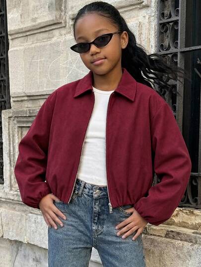 SHEIN Tween Girls Shades Of Red Lapel Loose Casual Streetwear Cowboy Career Autumn/Winter Vintage Brown Distressed PU Leather Jacket, Back To School
