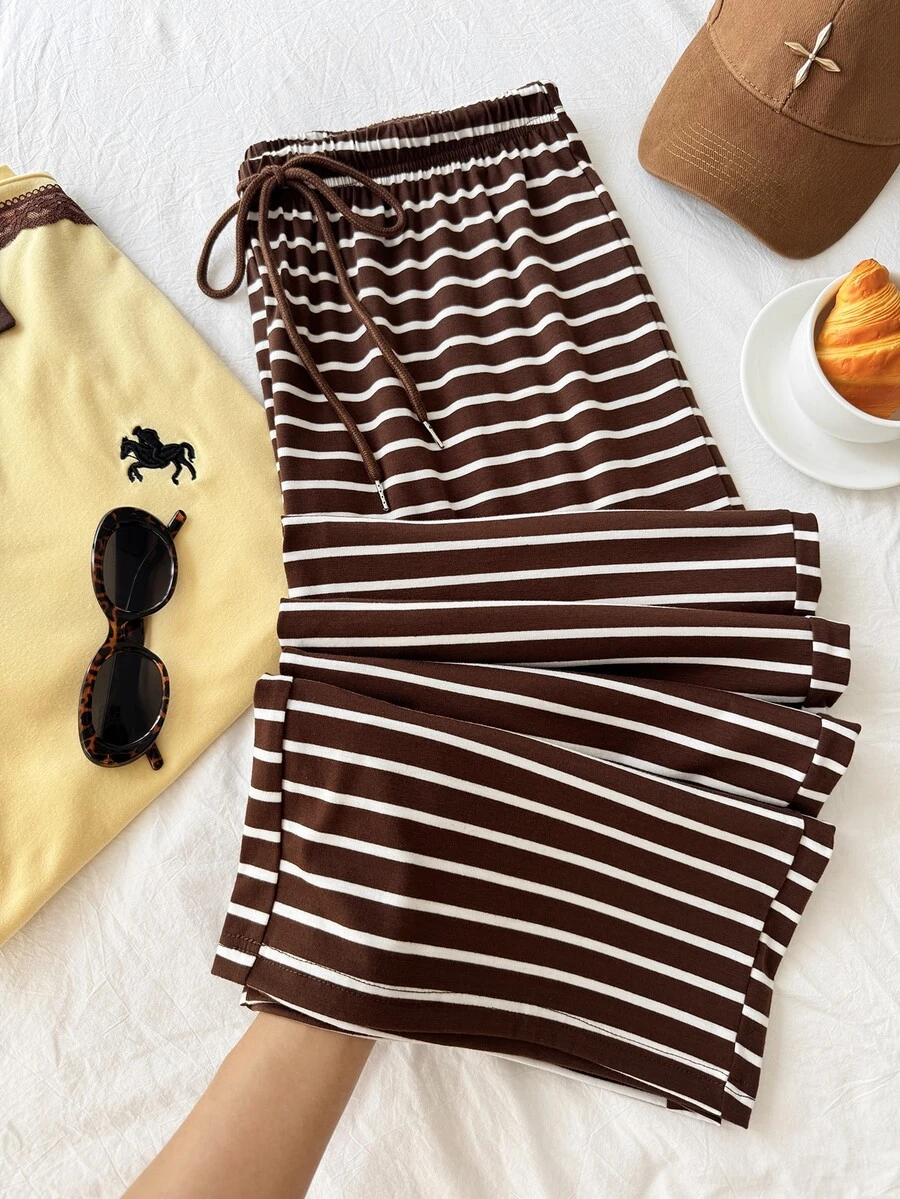 Comfortcana Autumn/Winter Black & White Striped Casual Versatile Drawstring Plus Size Pants - Brown - View 1