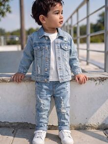 SHEIN Bubblio 2Pcs Baby Boy Vintage Fashioned Blue Denim Jacket With Frayed Edges And Stretchy Tight Jeans - Blue - View 3