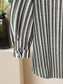 Lacomfia Women's Linen-Like Striped Loose Long Shirt And Wide Leg Pants Set, Casual Comfortable Versatile Plus Size Fall - Multicolor - View 7
