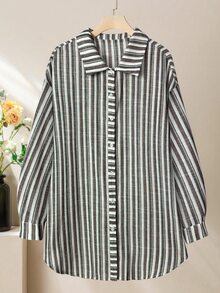 Lacomfia Women's Linen-Like Striped Loose Long Shirt And Wide Leg Pants Set, Casual Comfortable Versatile Plus Size Fall - Multicolor - View 6