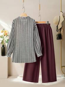 Lacomfia Women's Linen-Like Striped Loose Long Shirt And Wide Leg Pants Set, Casual Comfortable Versatile Plus Size Fall - Multicolor - View 2