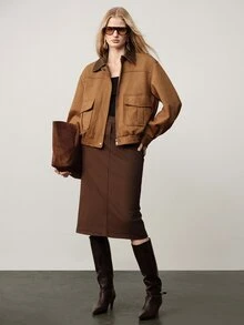 Aveloria Modichic Women Jacket Loose Bomber Brushed Texture Contrast Lapel Flap Pockets Hidden Placket Elastic Hem Modern Brown Solid Fall Clothes Thanksgivin Everyday - Khaki - View 6