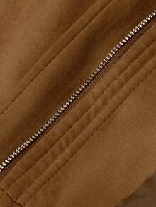 Aveloria Modichic Women Jacket Loose Bomber Brushed Texture Contrast Lapel Flap Pockets Hidden Placket Elastic Hem Modern Brown Solid Fall Clothes Thanksgivin Everyday - Khaki - View 9