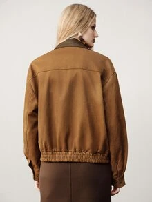 Aveloria Modichic Women Jacket Loose Bomber Brushed Texture Contrast Lapel Flap Pockets Hidden Placket Elastic Hem Modern Brown Solid Fall Clothes Thanksgivin Everyday - Khaki - View 5