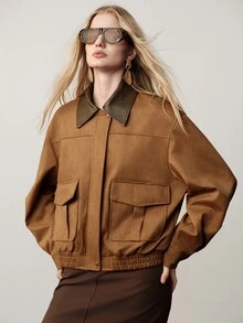 Aveloria Modichic Women Jacket Loose Bomber Brushed Texture Contrast Lapel Flap Pockets Hidden Placket Elastic Hem Modern Brown Solid Fall Clothes Thanksgivin Everyday - Khaki - View 8