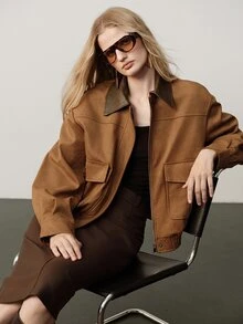 Aveloria Modichic Women Jacket Loose Bomber Brushed Texture Contrast Lapel Flap Pockets Hidden Placket Elastic Hem Modern Brown Solid Fall Clothes Thanksgivin Everyday - Khaki - View 7
