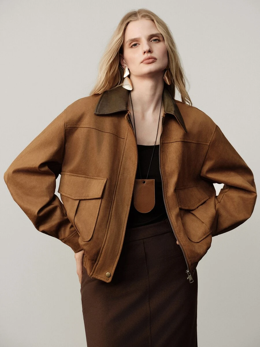 Aveloria Modichic Women Jacket Loose Bomber Brushed Texture Contrast Lapel Flap Pockets Hidden Placket Elastic Hem Modern Brown Solid Fall Clothes Thanksgivin Everyday - Khaki - View 1