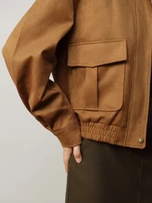 Aveloria Modichic Women Jacket Loose Bomber Brushed Texture Contrast Lapel Flap Pockets Hidden Placket Elastic Hem Modern Brown Solid Fall Clothes Thanksgivin Everyday - Khaki - View 4
