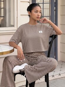 SHEIN Teen Girls Summer New Knit Striped Casual Loose Short Sleeve T-Shirt And Long Pants Set - Multicolor - View 1