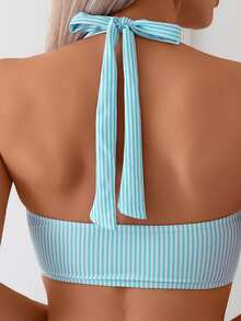 SHEIN Swim Springbreak Women Summer Beach Stripe Random Print Criss-Cross Tied Back Tankini Top And Patchwork Swim Shorts 2 Pieces Swimwear Set - Blue and White - View 5