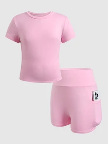 SHEIN 青少年女孩休閒日常百搭舒適運動網球瑜伽套裝，甜美短袖上衣搭配側口袋短褲運動套裝 - 粉色 - 查看 5