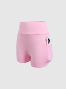 SHEIN 青少年女孩休閒日常百搭舒適運動網球瑜伽套裝，甜美短袖上衣搭配側口袋短褲運動套裝 - 粉色 - 查看 6