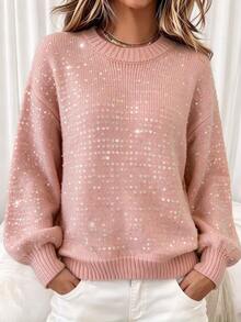 LUMIGAL Women's Round Neck Transparent Dusty Pink Sequin Drop Shoulder Loose Lantern Long Sleeve Ribbed Hem Sweater Brunch Autumn Casual Romantic - Pink - View 1