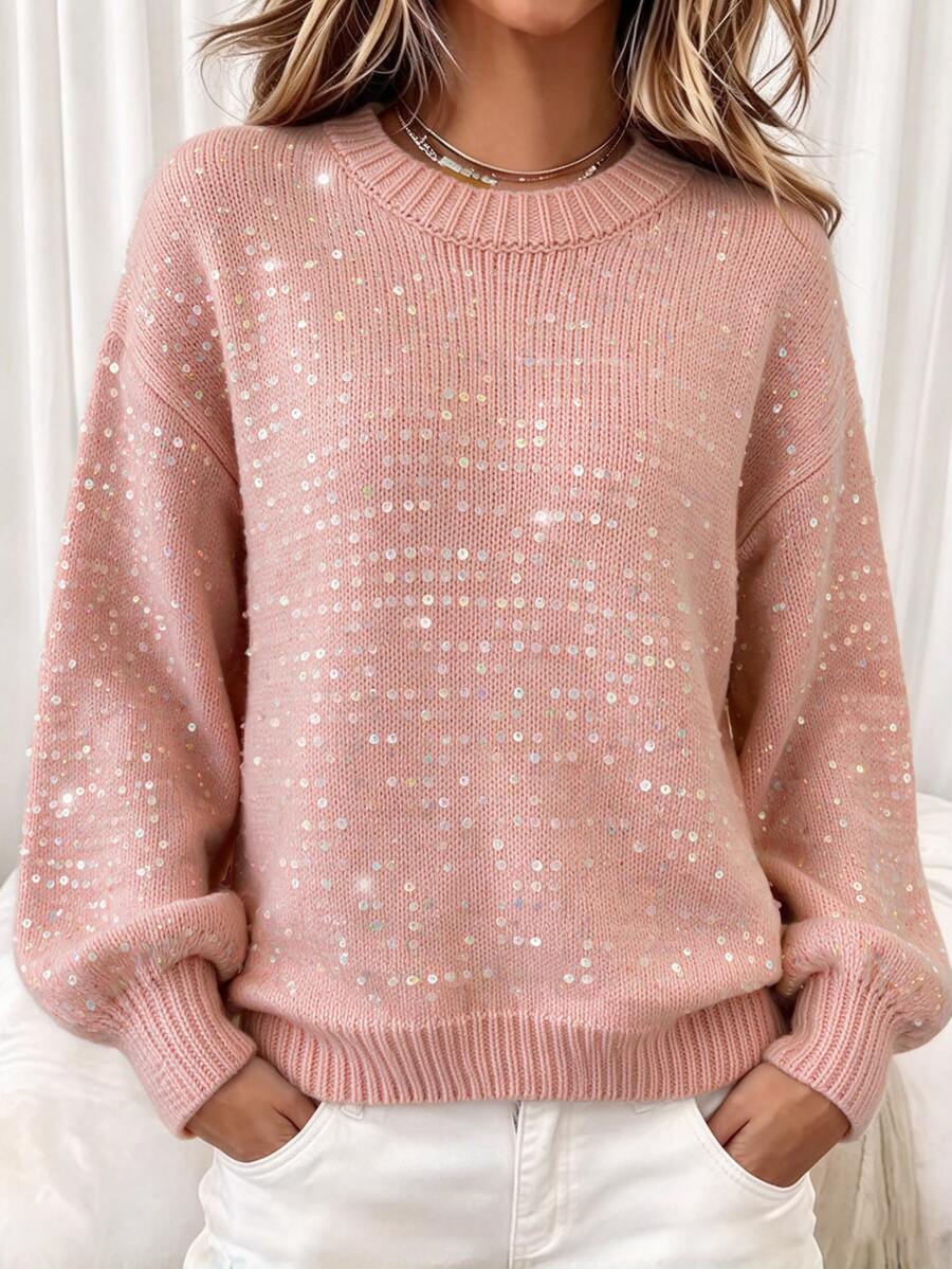 LUMIGAL Women's Round Neck Transparent Dusty Pink Sequin Drop Shoulder Loose Lantern Long Sleeve Ribbed Hem Sweater Brunch Autumn Casual Romantic - Pink - View 1