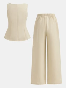 Girlism Tween Girls Elegant Vintage Cream Sleeveless Button-Front Vest And Wide Leg Long Pants Set, Fall Outfits, Back To School, Co-Ords, Woven, Chic - Khaki - View 2