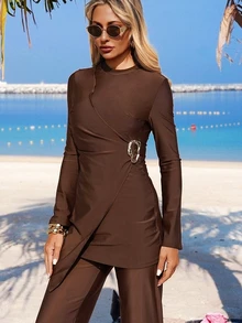 SHEIN Swim Women's 2 Pieces Brown Elegant Metal Decor Buckle Full Coverage Wide Leg Pants Swimwear, Fashion Spring/Summer - Brown - View 6