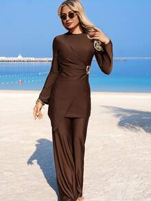 SHEIN Swim Women's 2 Pieces Brown Elegant Metal Decor Buckle Full Coverage Wide Leg Pants Swimwear, Fashion Spring/Summer - Brown - View 4