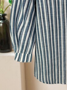 Lacomfia Women's Linen-Like Striped Loose Long Shirt And Wide Leg Pants Set, Casual Comfortable Versatile Plus Size Fall - Multicolor - View 7