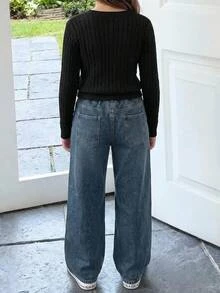 SHEIN Tween Girl Girls' Autumn/Winter Deep Blue Denim Fleece Lined Loose Fit Long Pants - Medium Wash - View 6
