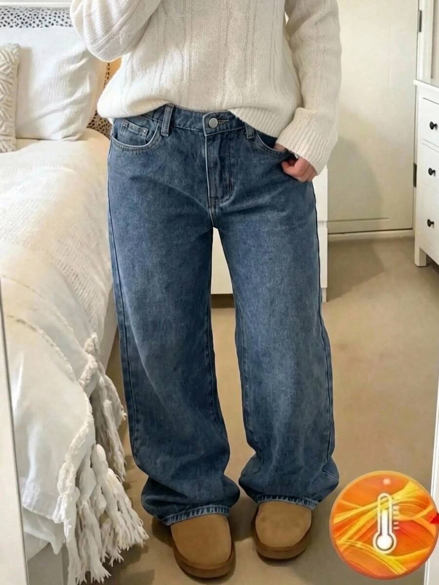 SHEIN Tween Girl Girls' Autumn/Winter Deep Blue Denim Fleece Lined Loose Fit Long Pants - Medium Wash - View 1