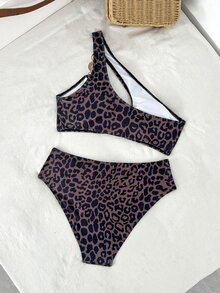 Swim Oasis 女款夏季海灘豹紋單肩性感比基尼三角褲兩件式泳衣套裝 - 彩色 - 查看 2