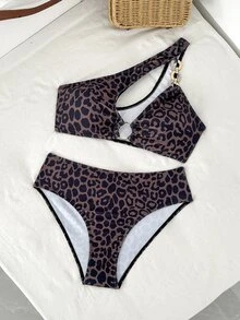 Swim Oasis 女款夏季海灘豹紋單肩性感比基尼三角褲兩件式泳衣套裝 - 彩色 - 查看 7