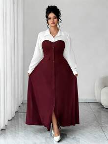 SHEIN Elenzya 女士纯色撞色拼接纽扣装饰长袖翻领连衣裙，春秋季 - 酒紅色 - 查看 1