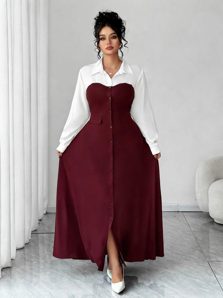 SHEIN Elenzya 女士纯色撞色拼接纽扣装饰长袖翻领连衣裙,春秋季 - 酒紅色 - 查看 1