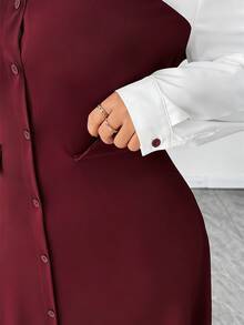 SHEIN Elenzya 女士纯色撞色拼接纽扣装饰长袖翻领连衣裙，春秋季 - 酒紅色 - 查看 4
