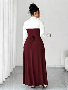 SHEIN Elenzya 女士纯色撞色拼接纽扣装饰长袖翻领连衣裙，春秋季 - 酒紅色 - 查看 2
