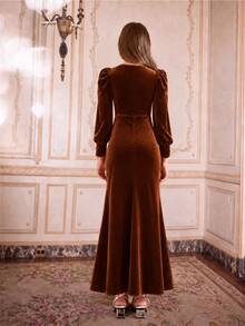 SHEIN Tween Girls Brown Long Sleeve Velvet Evening Gown Fall Dress Robe Soiree Robe Winter Fall Formal Wedding Guest Holiday Dress - Brown - View 2