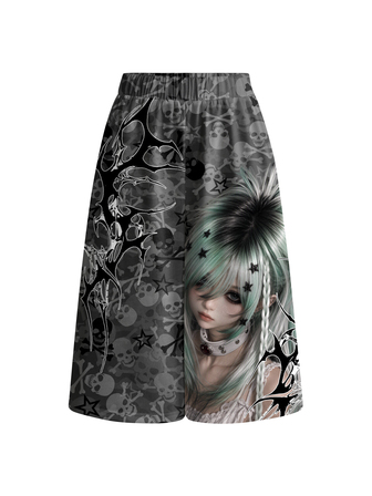 Grunge Punk Damen Dunkle Punk Totenkopf Muster Mittellange Shorts, Hot Girl Y2K Stil