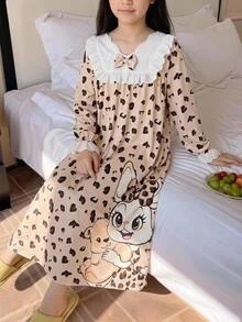 SHEIN 女童秋/冬款寬鬆休閒甜美卡通印花兔子蝴蝶結豹紋拼接精緻刺繡蕾絲飾邊家居服睡裙睡袍兒童睡衣卡其色 - 卡其色 - 查看 7