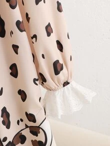 SHEIN 女童秋/冬款寬鬆休閒甜美卡通印花兔子蝴蝶結豹紋拼接精緻刺繡蕾絲飾邊家居服睡裙睡袍兒童睡衣卡其色 - 卡其色 - 查看 5