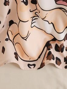 SHEIN 女童秋/冬款寬鬆休閒甜美卡通印花兔子蝴蝶結豹紋拼接精緻刺繡蕾絲飾邊家居服睡裙睡袍兒童睡衣卡其色 - 卡其色 - 查看 6