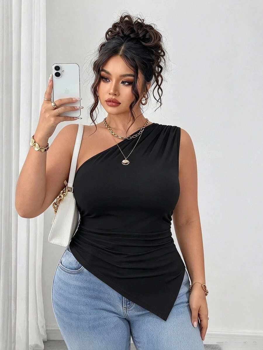 Elenzga Plus Size Women's Summer Solid Color Sleeveless Asymmetric Hem Bodycon Dress - Black - View 1
