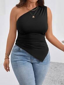 Elenzga Plus Size Women's Summer Solid Color Sleeveless Asymmetric Hem Bodycon Dress - Black - View 3