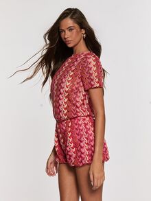 Opulessa Women's All-Over Print Round Neck Short Sleeve Open Back Knot Design Casual Romper - Multicolor - View 5