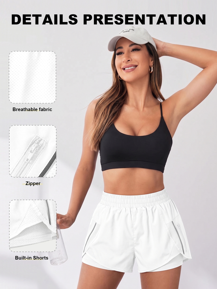 Eassivo Eassivo Zipper Pocket Elastic Waist Sports ShortsWomen Sweat Short, Gym Short, Biker Short - White - View 2