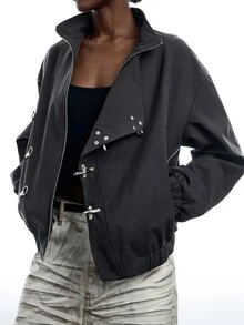 LYSMO Women's Solid Color Drop Shoulder Long Sleeve Casual Regular Fit Black Jacket With Airplane Buckle Fall Clothes For Women - Dark Grey - View 7